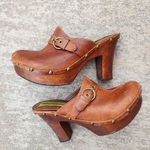 Y2K Retro Penny Loves Kenny Brown Leather Chunky Studded Wooden Clogs, Sz 6